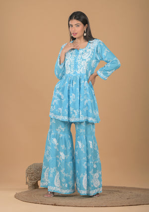 Mulmul Cotton Kurta & Palazzo Chikankari Set - Blue