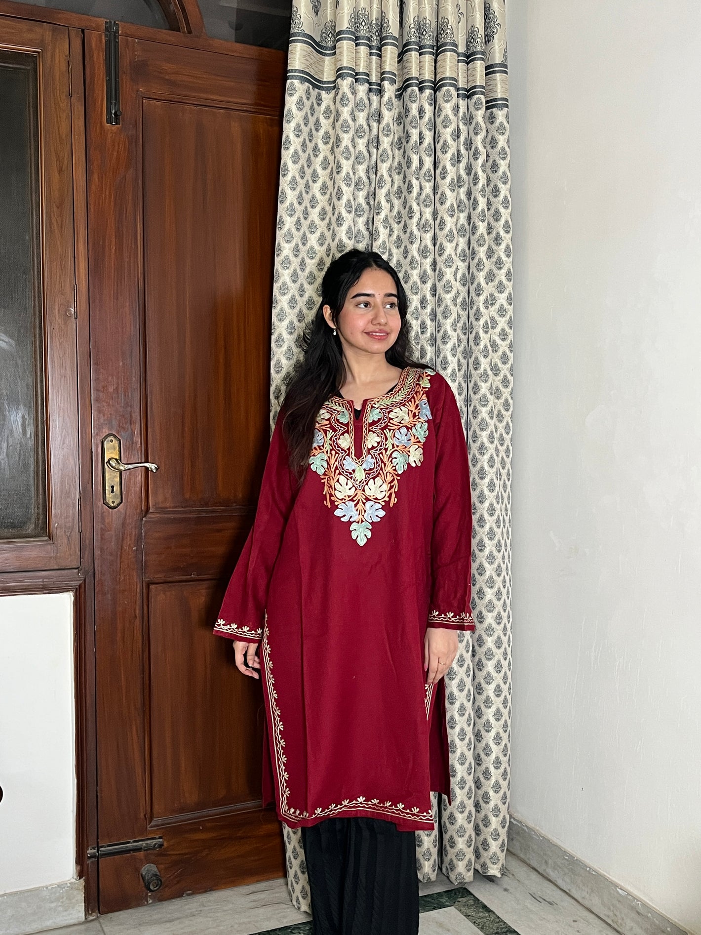 Zoha Kashmiri wool long kurta- Maroon