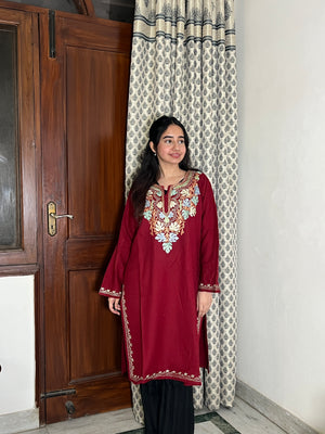Zoha Kashmiri wool long kurta- Maroon