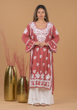 Modal 3D Chikankari Long Kurta- Red