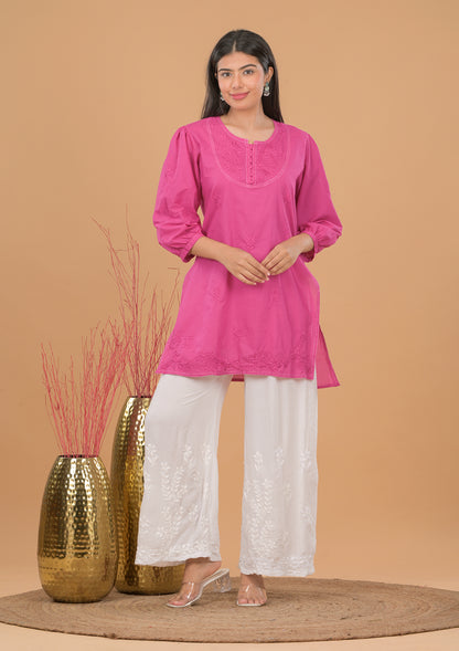 Mulmul Cotton Chikankari Short Kurta- Pink