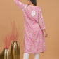 Mulmul Cotton Print 3D Chikankari Kurta- Pink