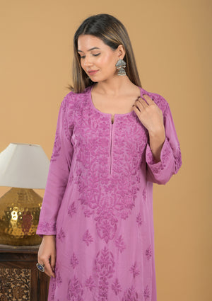 Modal Chikankari Long Kurta - Purple