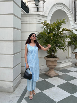 Seher Chanderi sleeveless Pastel Kurta Set- Blue
