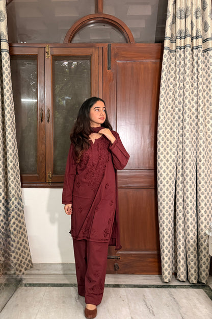 Saira Cotton Farshi suit set in Burgundy Red