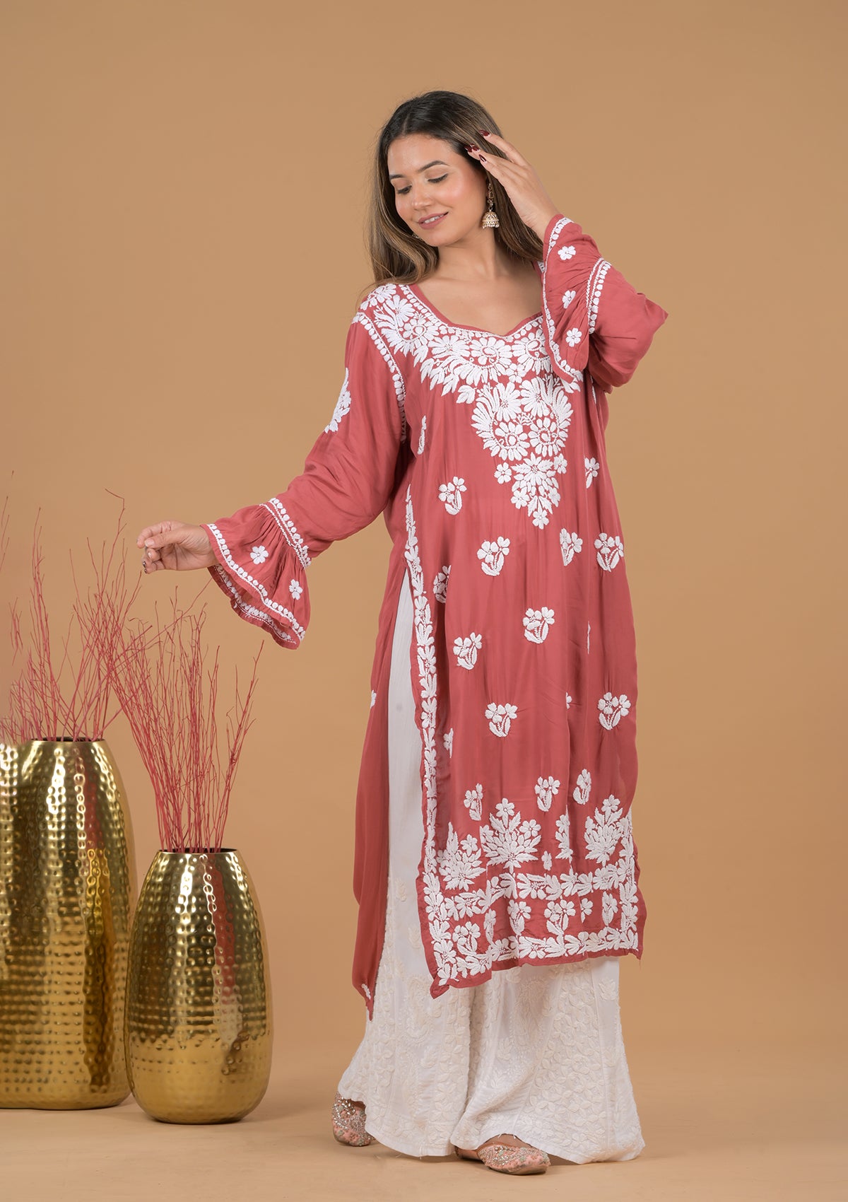 Modal 3D Chikankari Long Kurta- Red