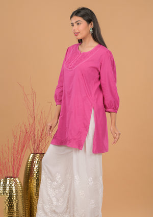Mulmul Cotton Chikankari Short Kurta- Pink