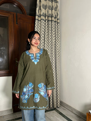 Kusum Kashmiri Short woollen Pheran - Olive Green
