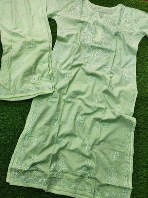 Jia Mulmul Cotton ombre Chikankari Kurta set- Green