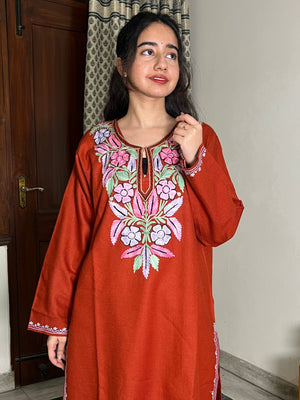 Tisha kashmiri aari woollen kurta set - Rust Orange