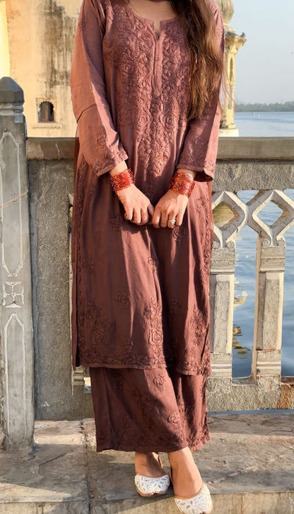 Hima Modal ombre Chikankari Kurta set- Brown