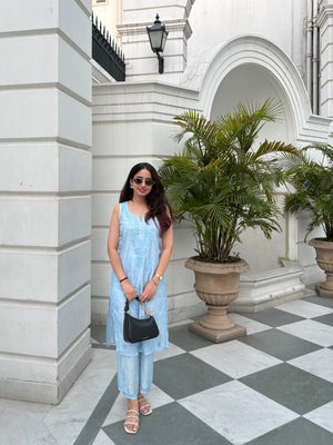 Seher Chanderi sleeveless Pastel Kurta Set- Blue