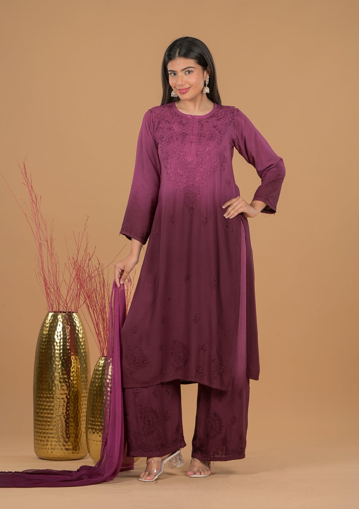 Rayon Chikankari Women's 3 PC Long Kurta Set - Purple