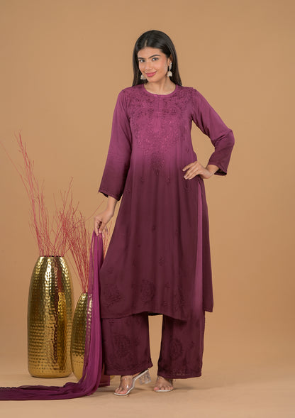 Rayon Chikankari Women's 3 PC Long Kurta Set - Purple