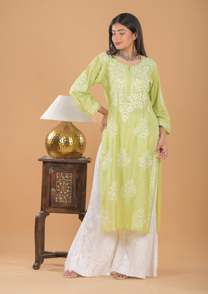Chanderi Chikankari Long Kurta - Green