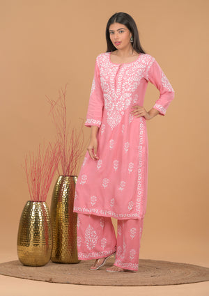 Rayon Chikankari Kurta Palazzo - Pink