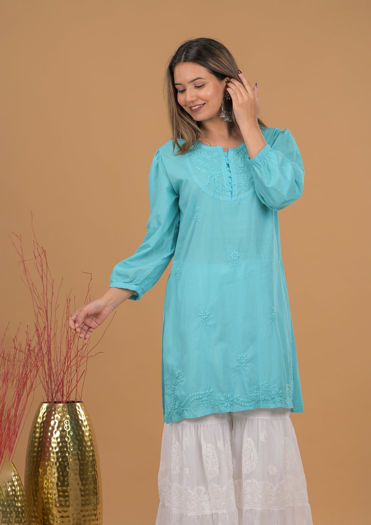 Mulmul Cotton Chikankari Short Kurta- Blue