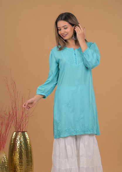 Mulmul Cotton Chikankari Short Kurta- Blue