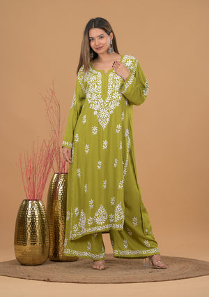 Rayon Chikankari Kurta Palazzo - Olive green