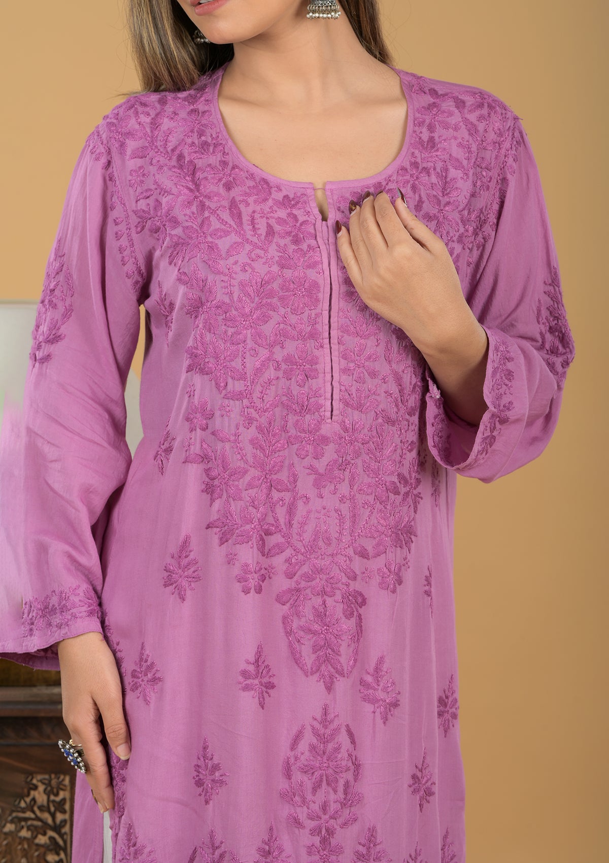 Modal Chikankari Long Kurta - Purple