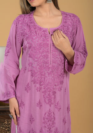Modal Chikankari Long Kurta - Purple