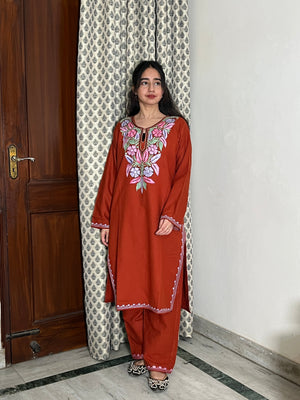 Tisha kashmiri aari woollen kurta set - Rust Orange