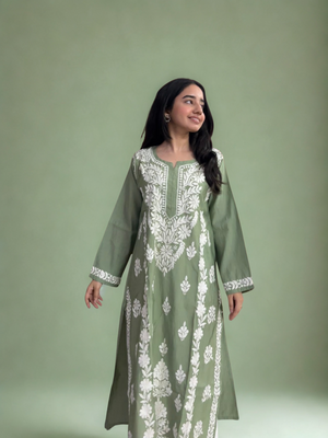 Kia cotton silk chikankari kurta- green