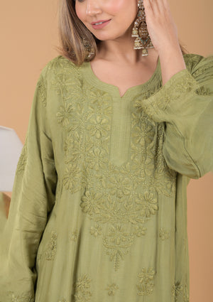 Muslin Chikankari Long Kurta - Green