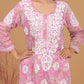 Mulmul Cotton Print 3D Chikankari Kurta- Pink