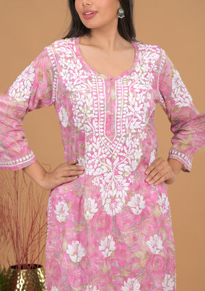 Mulmul Cotton Print 3D Chikankari Kurta- Pink
