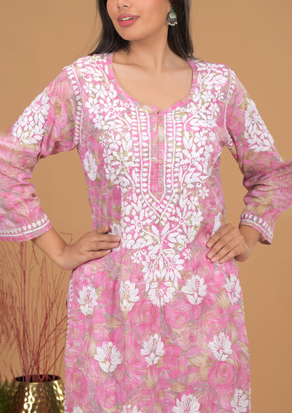 Mulmul Cotton Print 3D Chikankari Kurta- Pink