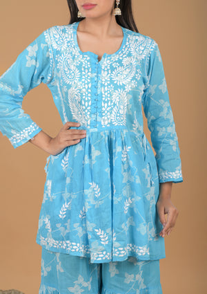 Mulmul Cotton Kurta & Palazzo Chikankari Set - Blue