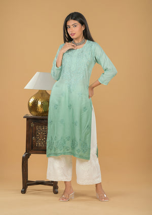 Chanderi Ombre Chikankari Long Kurta - Green