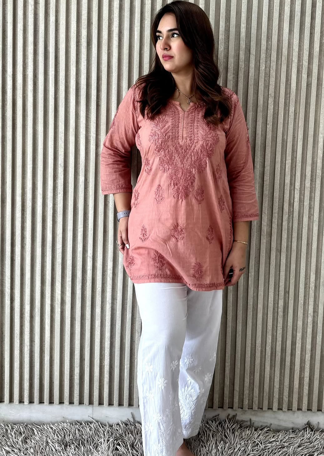 Jiya Dobby cotton short kurti- Peachy pink