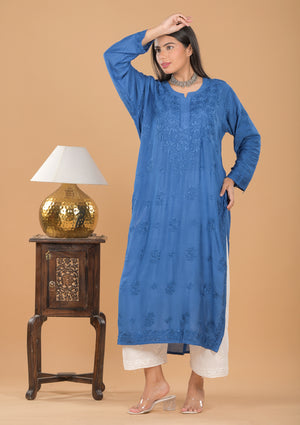 Muslin Chikankari Long Kurta - Blue