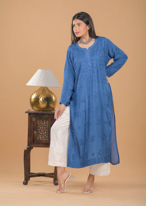 Muslin Chikankari Long Kurta - Blue