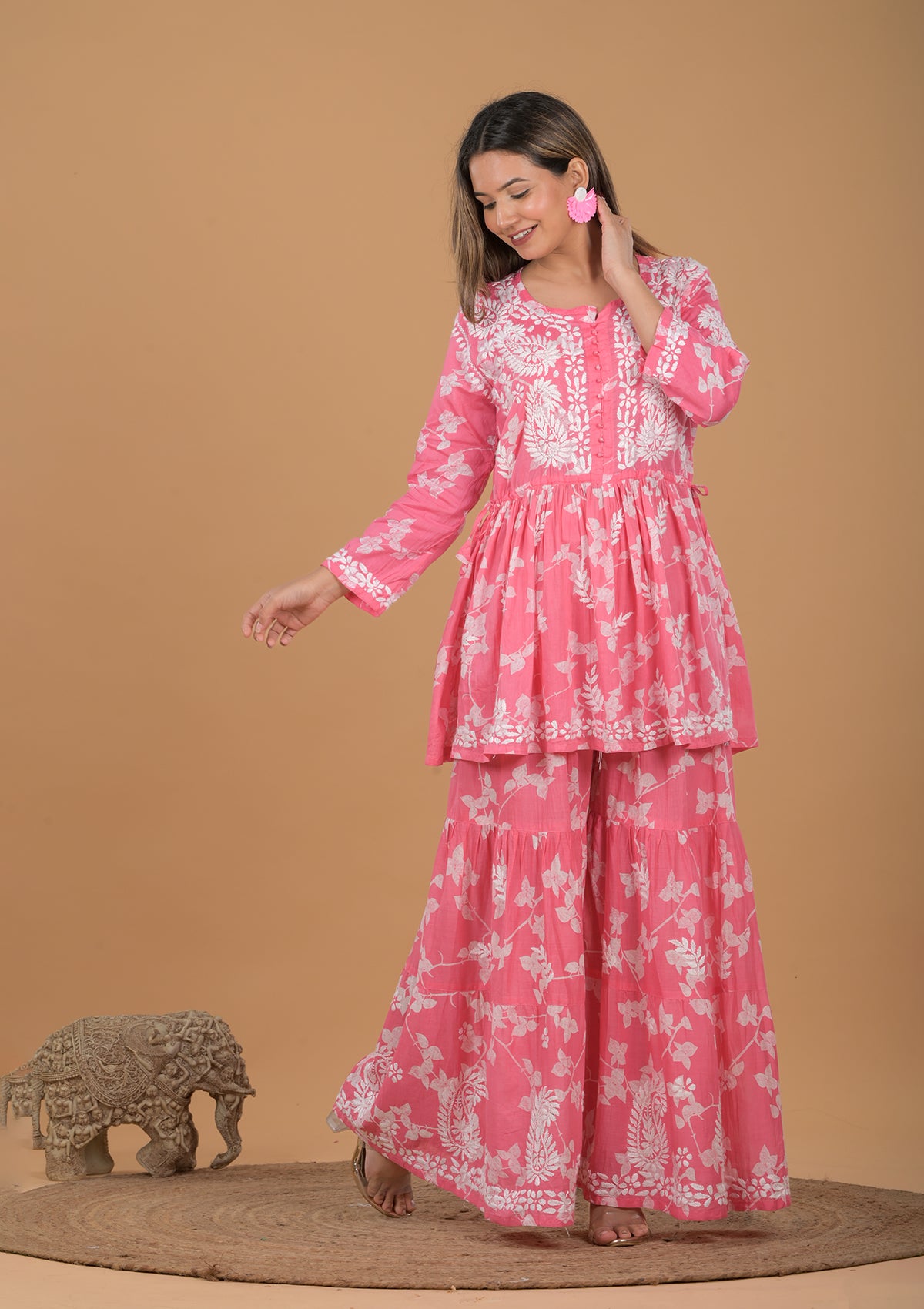 Mulmul Cotton Kurta & Palazzo Chikankari Set - Pink