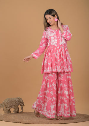 Mulmul Cotton Kurta & Palazzo Chikankari Set - Pink