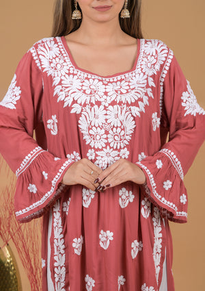Modal 3D Chikankari Long Kurta- Red