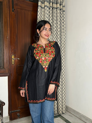Sejal Kashmiri Short Cotton kurti- Black