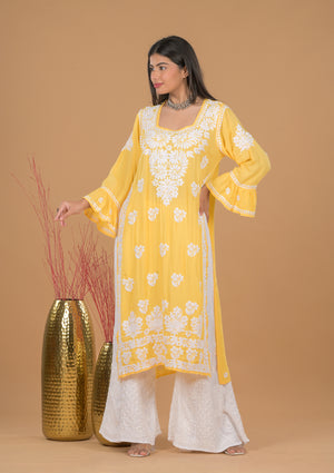 Modal 3D Chikankari Long Kurta- Yellow