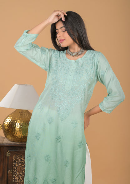 Chanderi Ombre Chikankari Long Kurta - Green