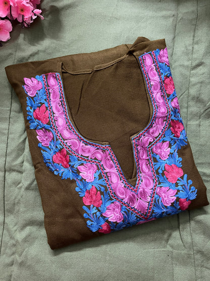 Noor Aari Woollen Pheran- Olive green