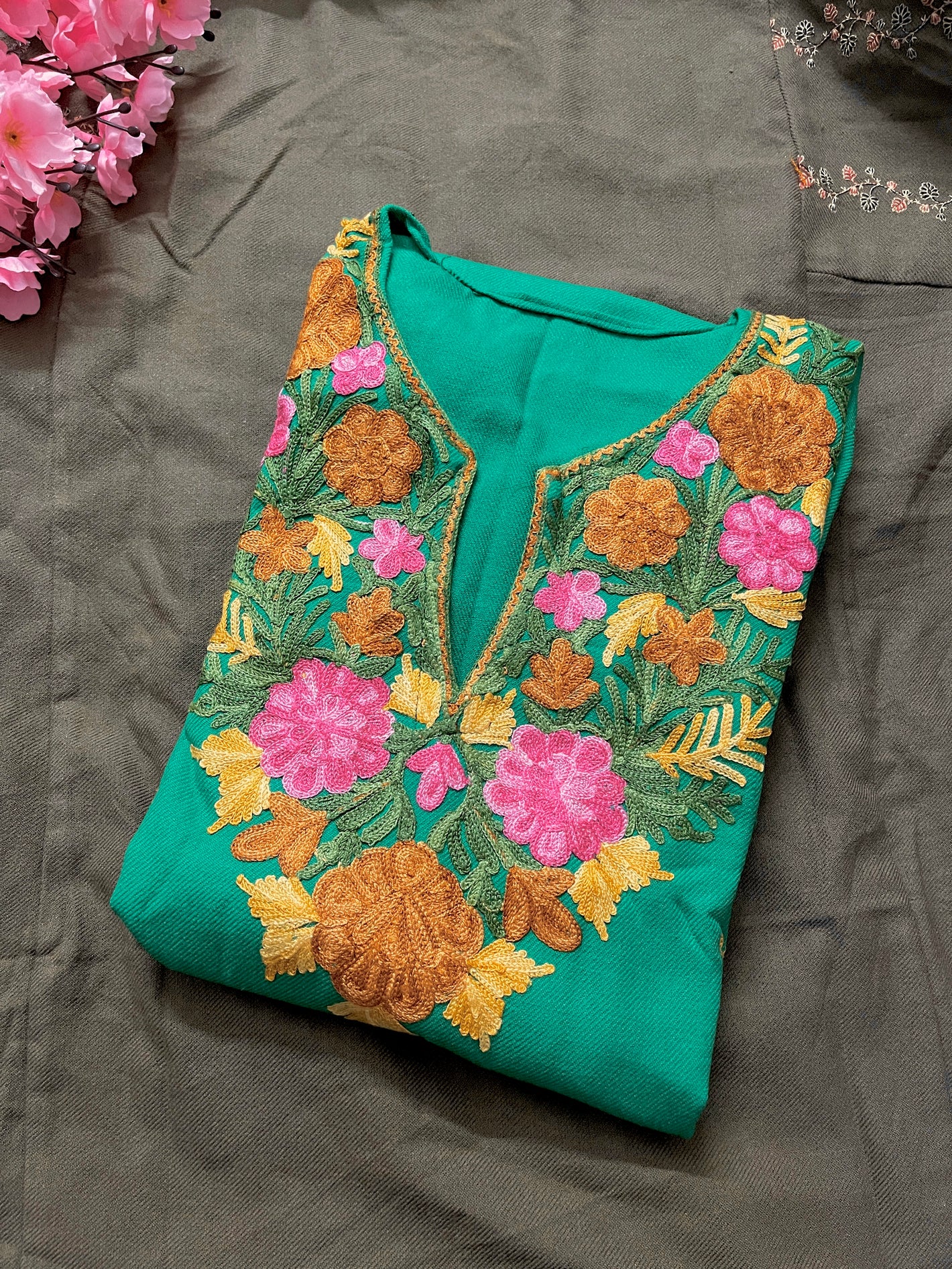 Noor Aari Woollen Pheran- Green