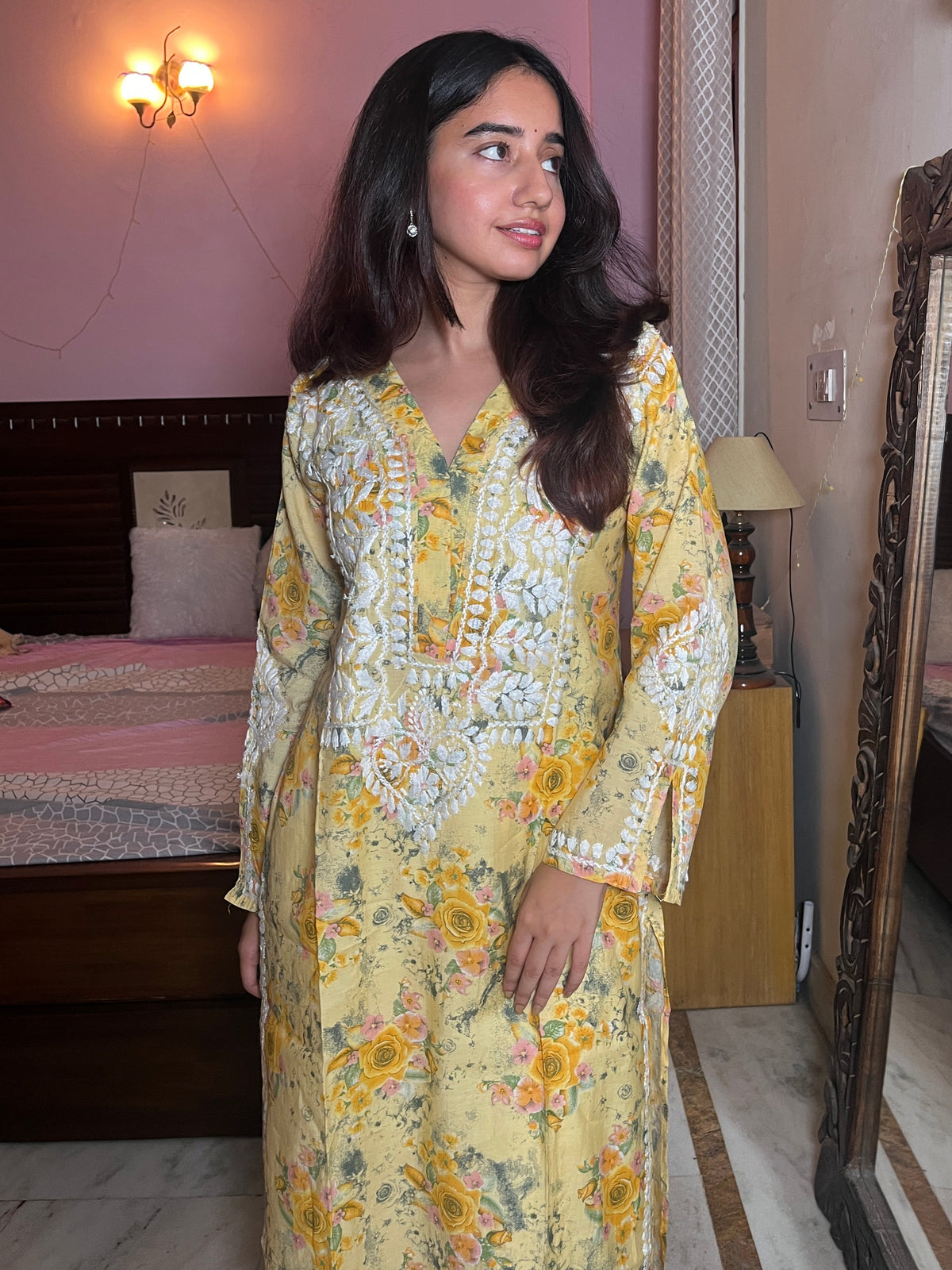 Zaira Chanderi printed Long Kurta- Yellow