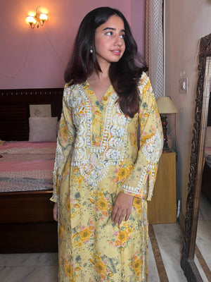 Zaira Chanderi printed Long Kurta- Yellow