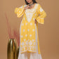 Modal 3D Chikankari Long Kurta- Yellow