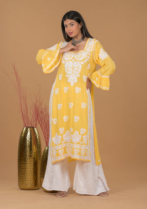 Modal 3D Chikankari Long Kurta- Yellow