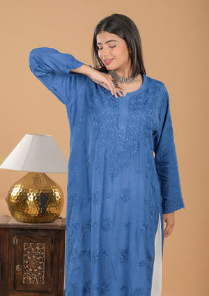 Muslin Chikankari Long Kurta - Blue