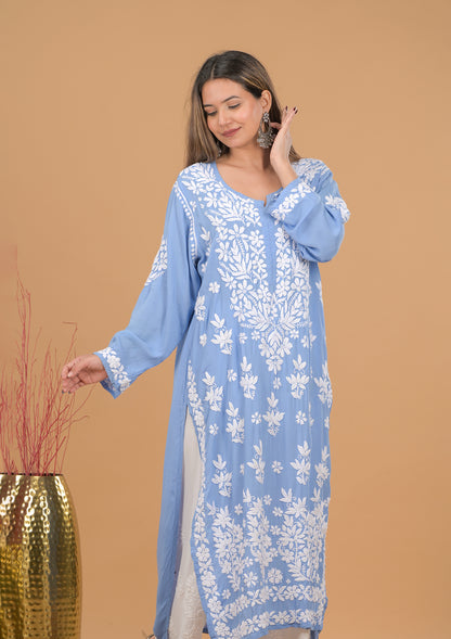 Modal 3D Chikankari Long Kurta- Blue